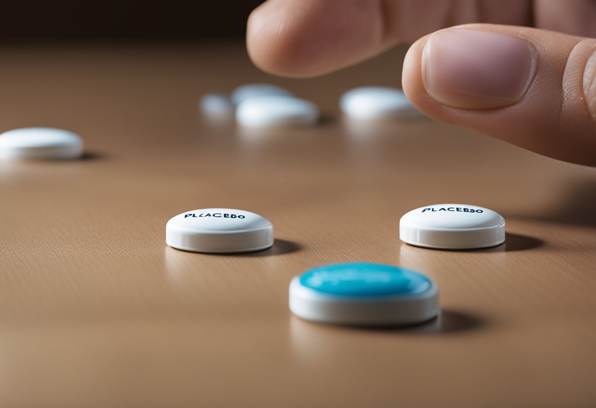 A pill labeled “placebo” sits on a table. A person’s hand reaches for
it, but the focus is on the pill
itself