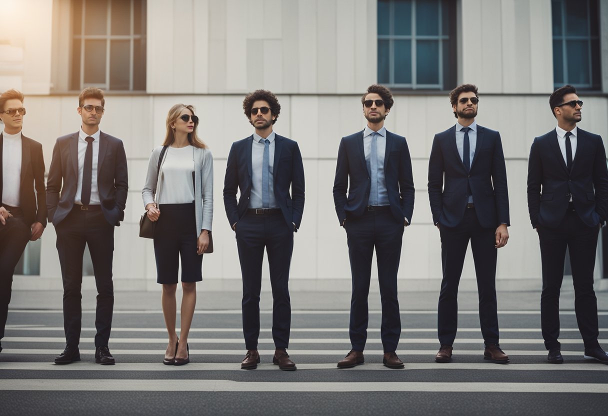 People standing in a row, all wearing the same outfit. One person
steps out of line, causing the others to follow
suit