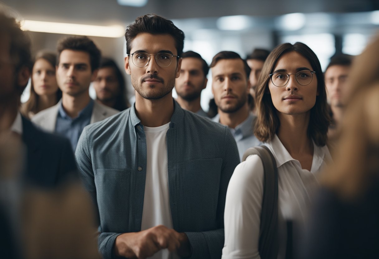 People stand in a crowded room, gesturing and making eye contact. A
person leans in, nodding attentively. Another crosses their arms,
looking
away