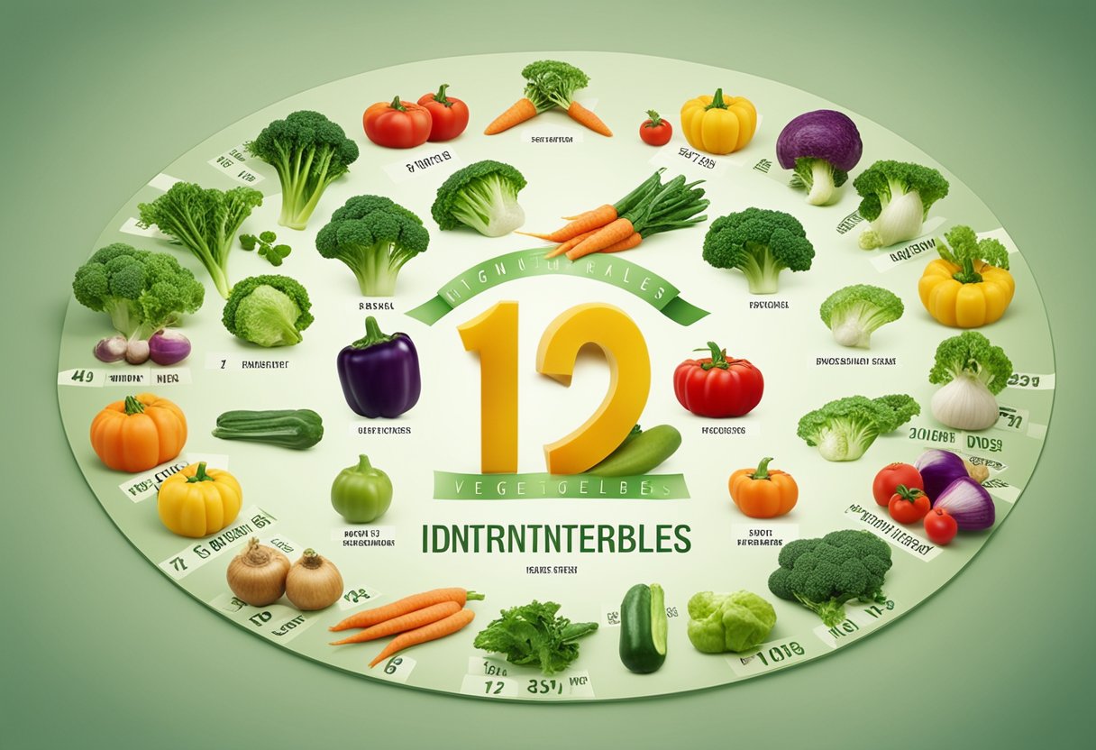 A colorful array of vegetables arranged in a circle, each labeled with
a number. A small sign in the center reads “12 interesting facts about
vegetables.”