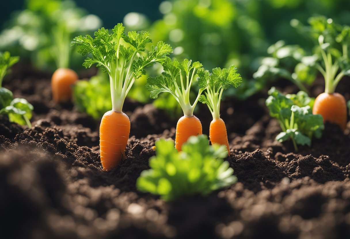 Carrots sprout from the earth, surrounded by other vibrant
vegetables