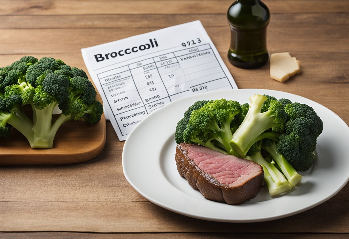 A plate of broccoli sits next to a steak, with a protein content chart
in the background. The broccoli is depicted as larger and more
prominent, emphasizing its higher protein
content