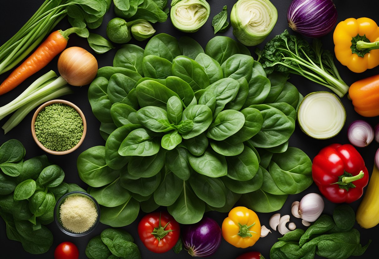 A pile of spinach leaves, labeled “the Persian vegetable,” surrounded
by various other colorful
vegetables