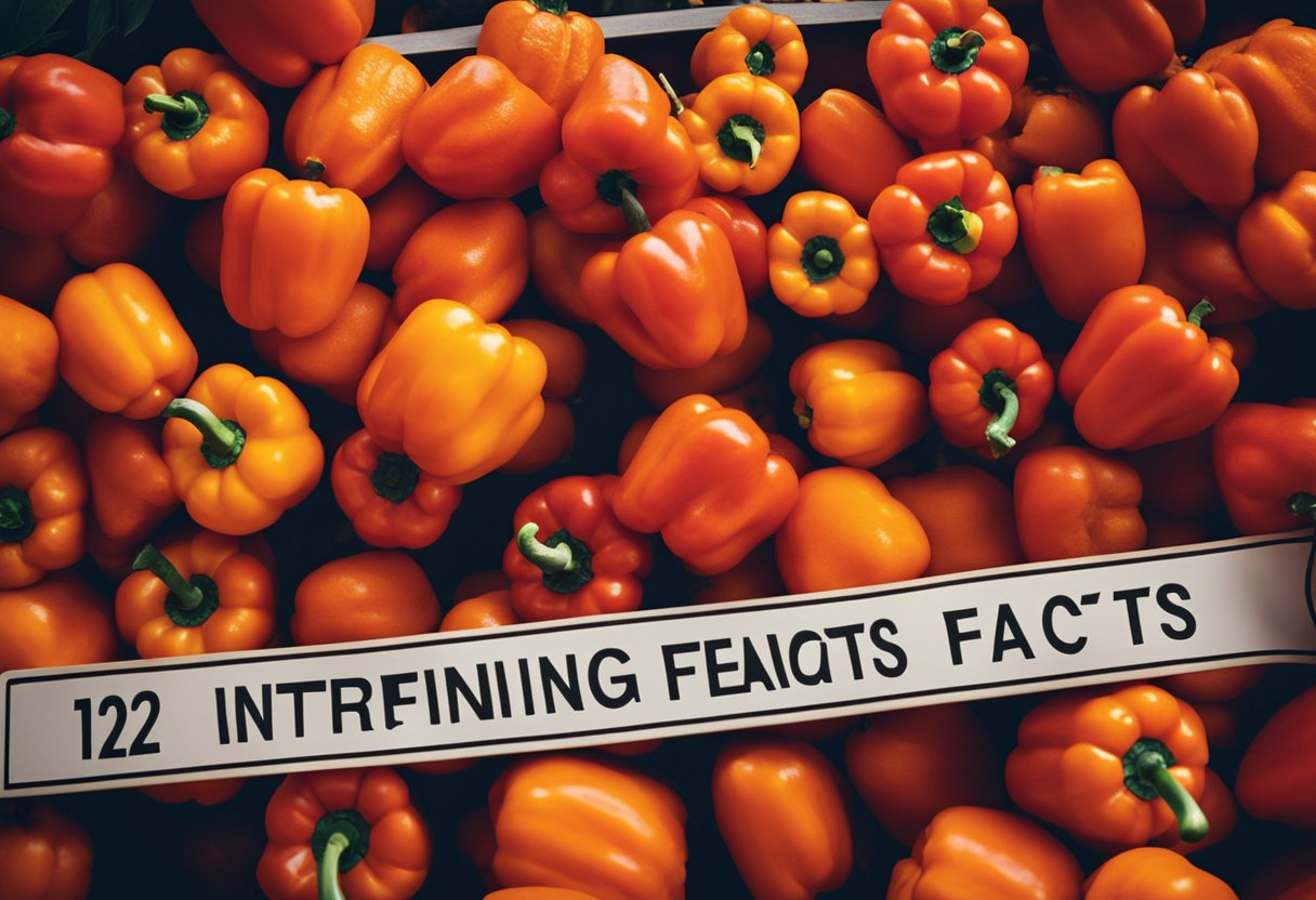 Bright red bell peppers sit next to vibrant orange oranges. A sign
reads “12 interesting facts about
vegetables.”