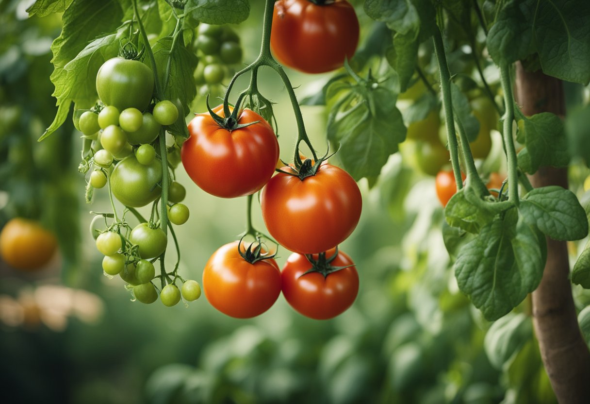 Ripe tomatoes hang from a vine, surrounded by various vegetables. Text
reads “12 interesting facts about
vegetables.”