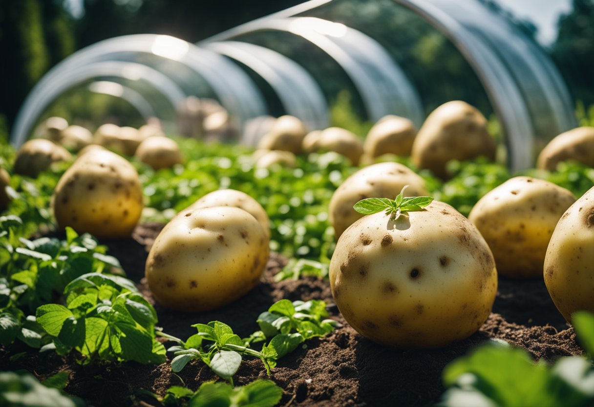 Potatoes float in a space pod, surrounded by greenery. The Earth is
visible in the
background