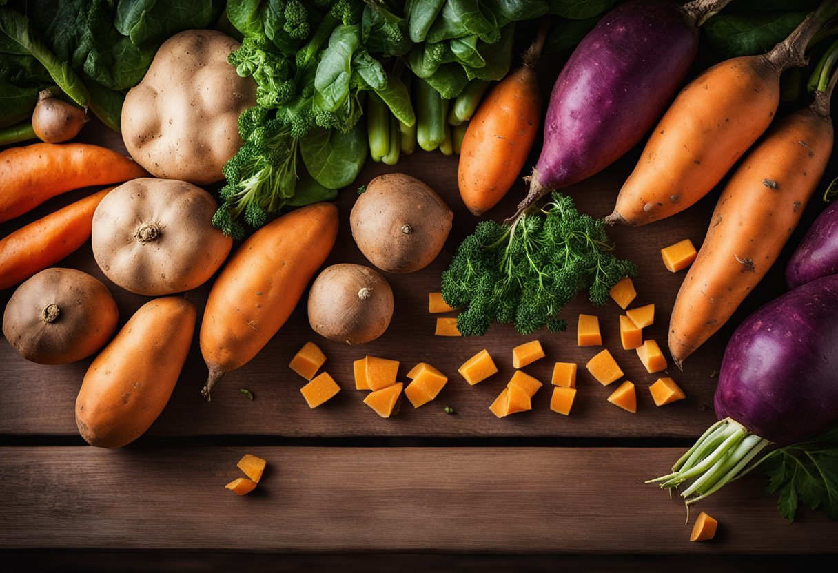 A pile of sweet potatoes sits on a wooden table, their vibrant orange
color indicating their high beta-carotene content. Surrounding them are
various other colorful vegetables, showcasing the diversity and
nutritional benefits of plant-based
foods