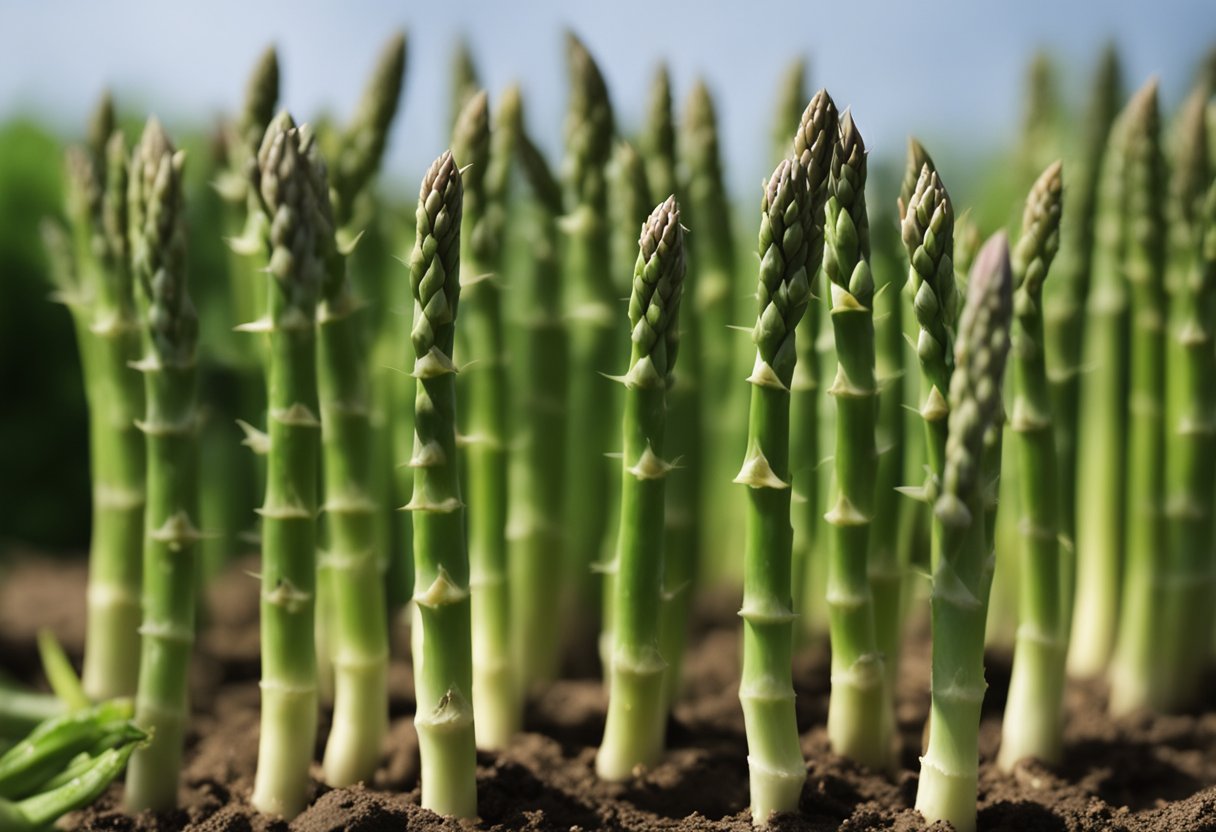 Lush green asparagus shoots shooting up rapidly, reaching 7 inches in
a single day. A variety of colorful vegetables surrounding
it