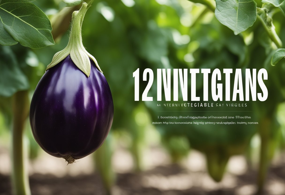 Eggplants hang from vines, surrounded by other vegetables. Text reads
“12 interesting facts about vegetables” in the
background