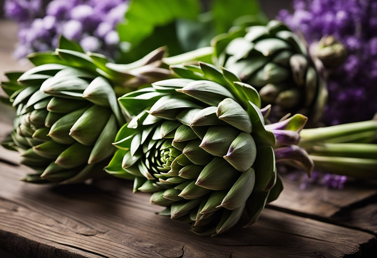 A pile of ancient artichokes sits on a rustic wooden table, their
green leaves and purple tips creating a striking visual
display