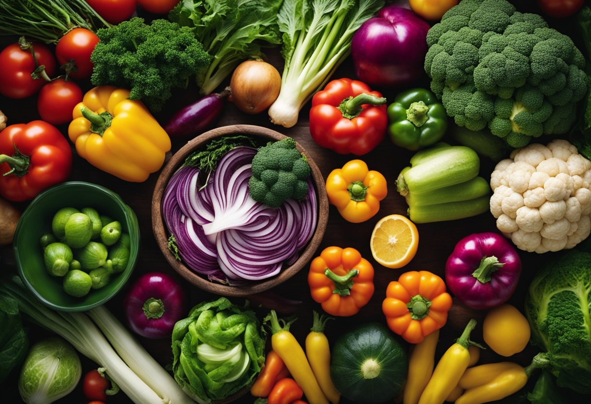 A colorful array of vegetables arranged in a bountiful display, with a
mix of familiar and exotic varieties, showcasing their cultural and
historical
significance