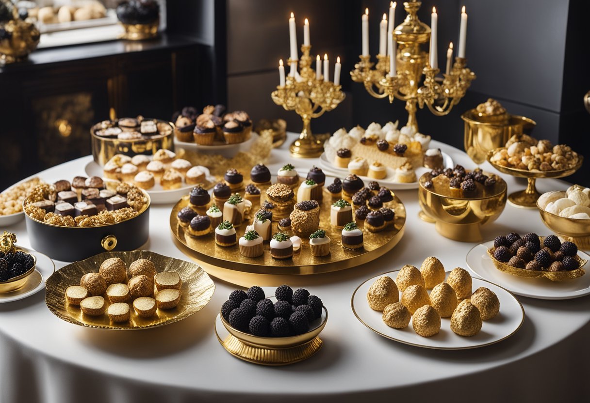 A lavish table display featuring 12 opulent foods, including truffles,
caviar, and gold leaf desserts, surrounded by elegant dinnerware and
luxurious
decor