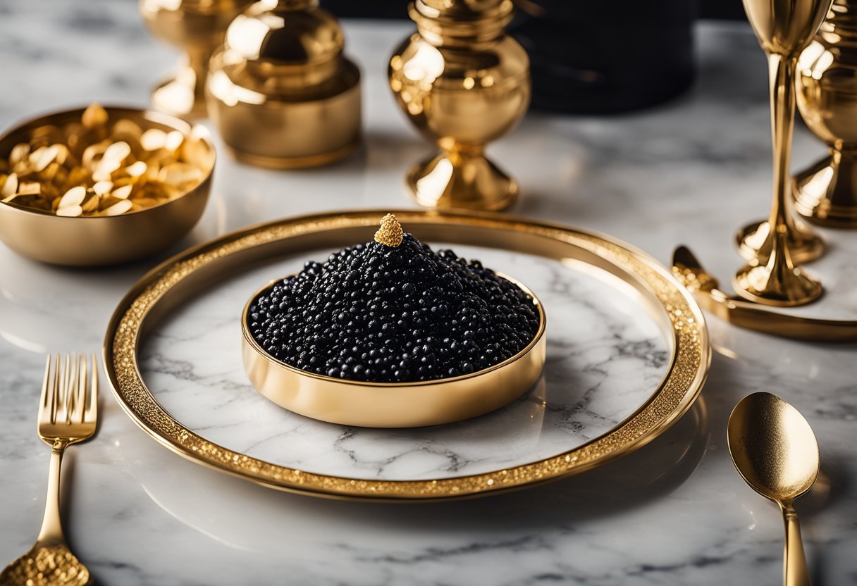 A lavish spread of Almas caviar, gold leaf, and champagne on a sleek,
marble table. Rich, opulent surroundings convey luxury and
exclusivity