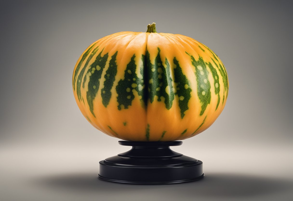 A Yubari King Melon, one of the 12 most expensive foods, sits on a
pedestal, its vibrant orange flesh and unique shape drawing the viewer’s
attention