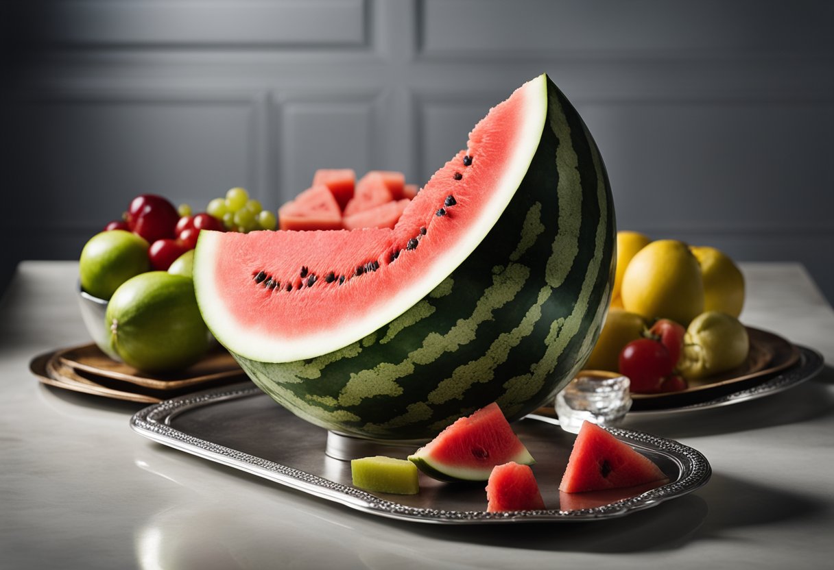 A Densuke watermelon sits on a silver platter surrounded by other
luxurious foods. The vibrant red flesh contrasts with the dark rind,
showcasing its
rarity