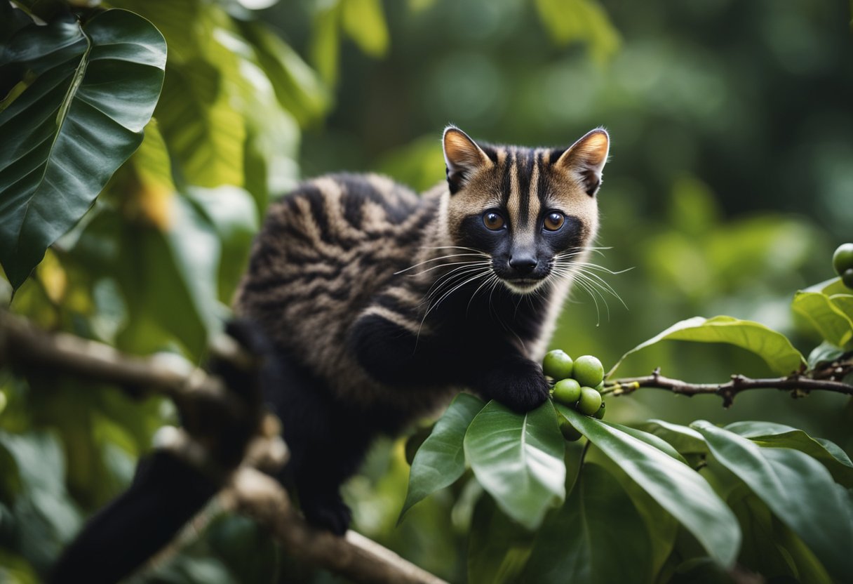 A lush coffee plantation with civet cats perched on branches,
surrounded by ripe coffee
cherries