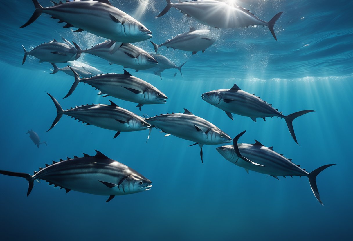 A school of Bluefin Tuna swimming gracefully in crystal clear waters,
their sleek bodies shimmering under the
sunlight