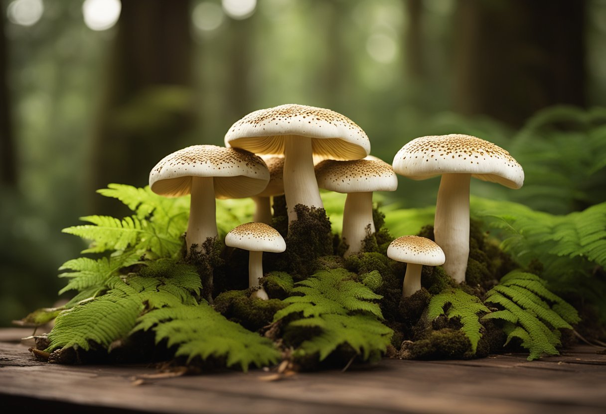 A pile of matsutake mushrooms arranged on a rustic wooden table,
surrounded by delicate ferns and moss. The mushrooms are large, with
distinctive white stems and earthy brown
caps