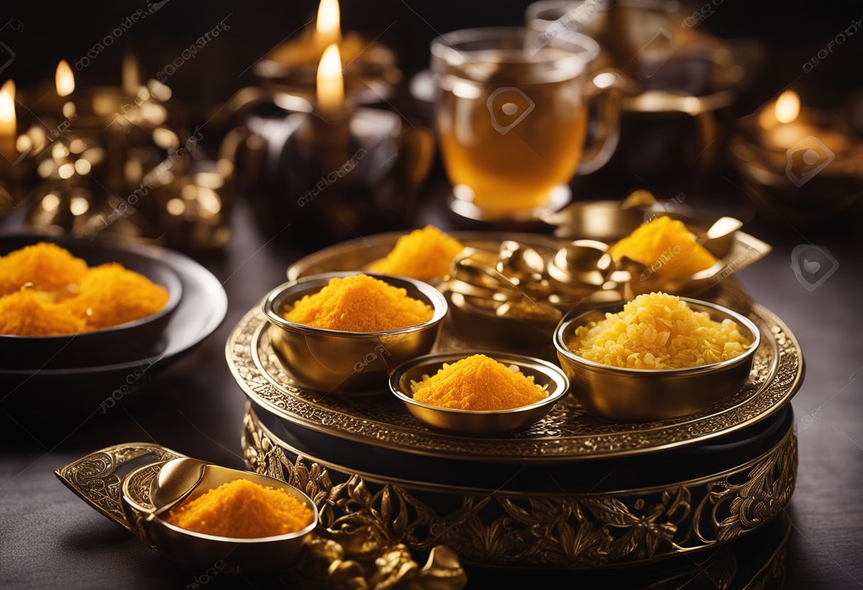 A table displays 12 luxurious foods, including saffron, in opulent
packaging. Rich colors and elegant fonts enhance the luxurious
atmosphere