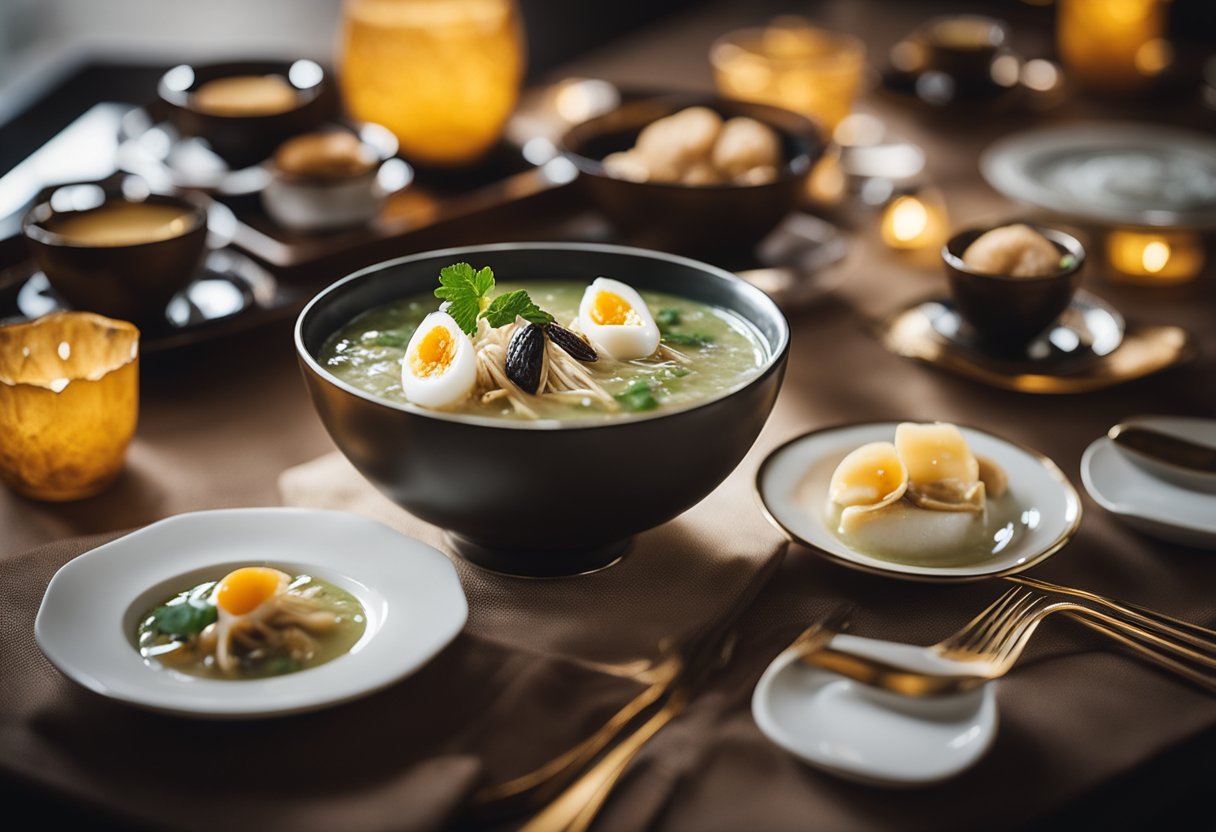 A luxurious bowl of Bird’s Nest Soup surrounded by opulent dining ware
and elegant
decor