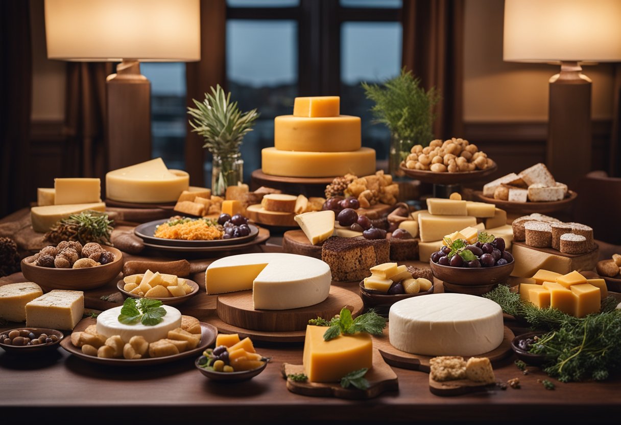 A grand display of 12 luxurious foods, including moose cheese,
arranged on a lavish
table