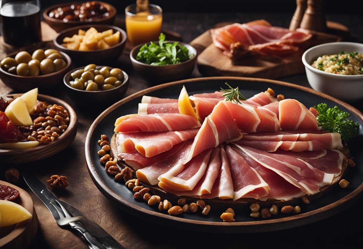 A platter of Spanish Iberico ham surrounded by luxurious
accompaniments