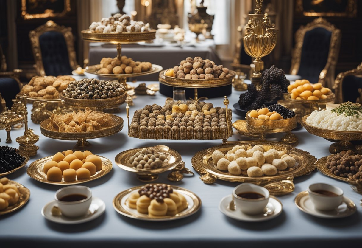 A lavish banquet table displaying 12 opulent foods, from truffles to
caviar, surrounded by historical artifacts and ornate
decor