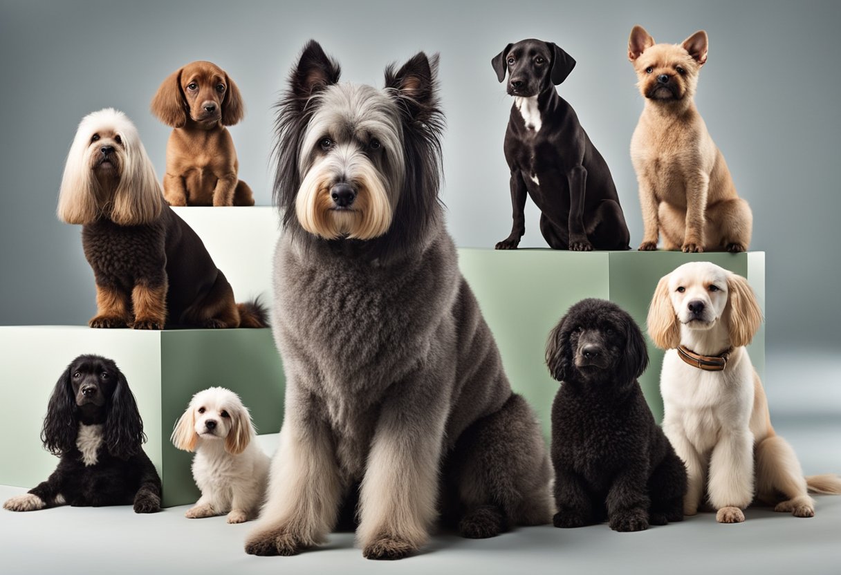 A group of 10 unique dog breeds sit in a circle, each displaying their
distinct characteristics and features. From the hairless Xoloitzcuintli
to the fluffy Komondor, the scene is a diverse showcase of unusual
canines