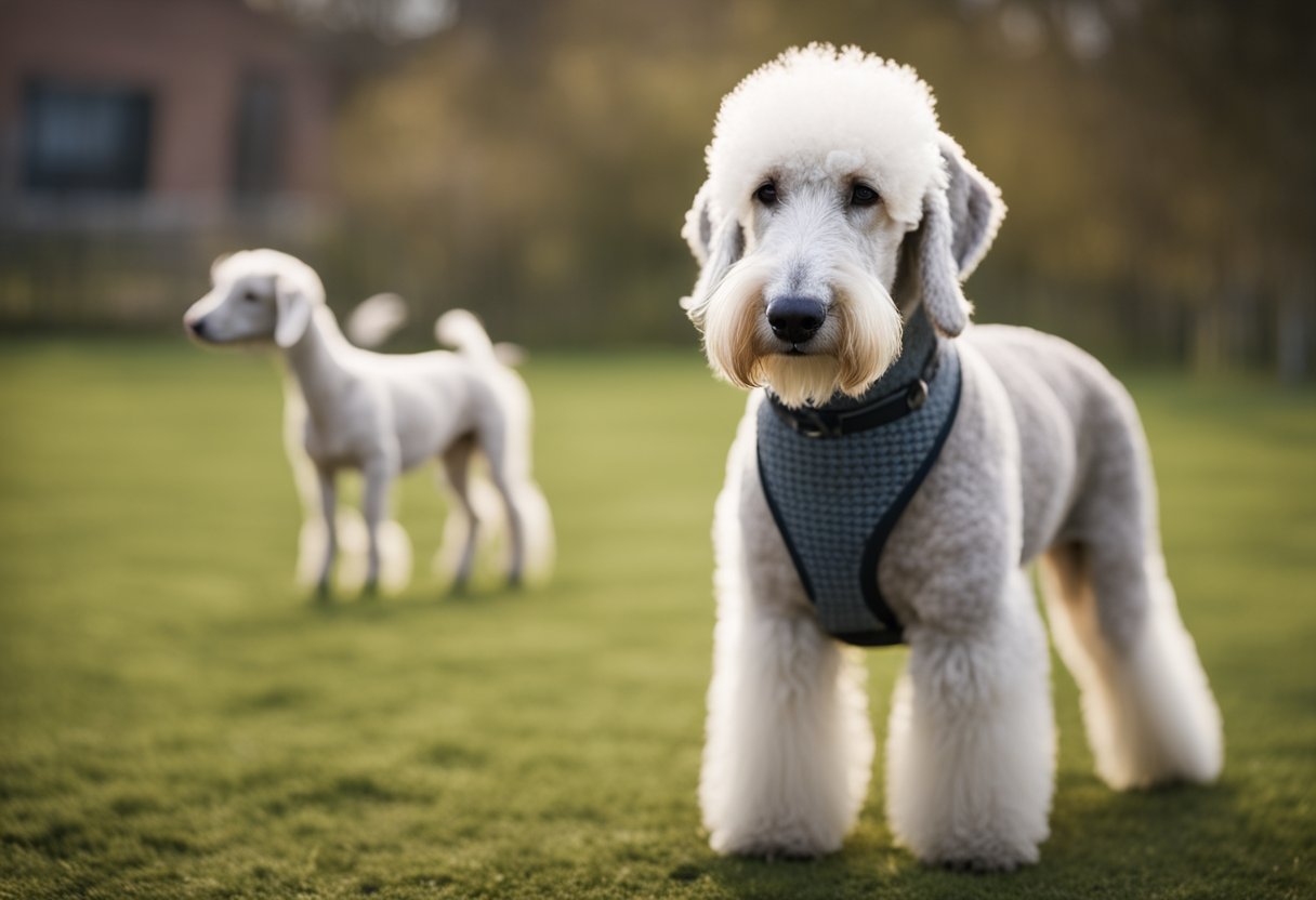 A Bedlington Terrier stands proudly, with its distinctive lamb-like
appearance and curly coat, among a group of other unique dog
breeds