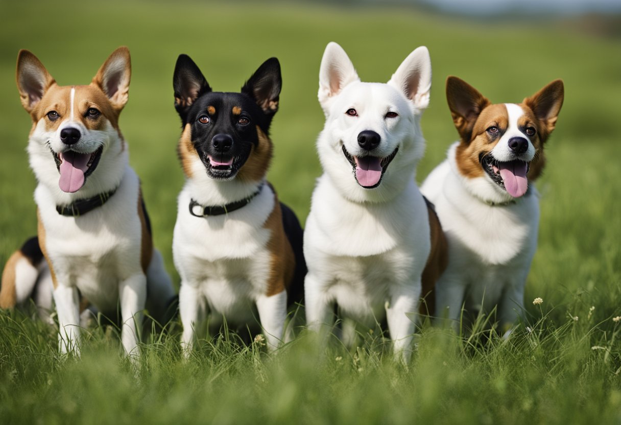 A group of Catalburun dogs, with their distinctive split nose,
playfully interact in a grassy field, showcasing their unique
appearance