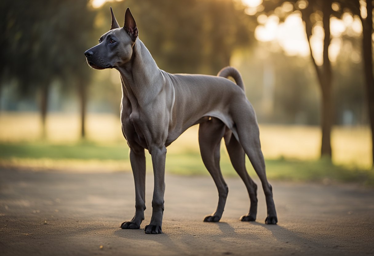 A Thai Ridgeback dog stands tall and proud, with a distinctive ridge
of hair running along its back. Its sleek, muscular body and pointed
ears give it a regal and unique
appearance