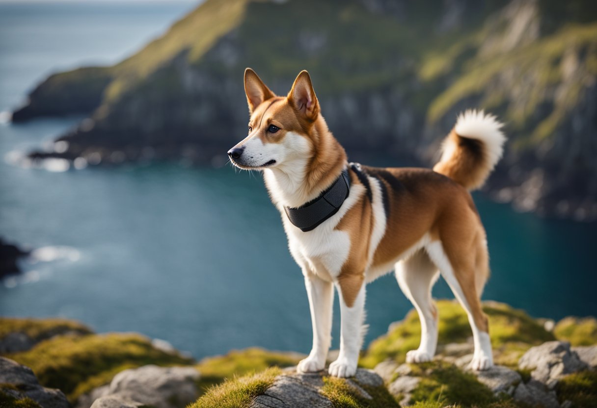 A Norwegian Lundehund stands on a rocky cliff, with its unique
double-jointed legs and pointed ears. It gazes out over a rugged
coastline, with puffins nesting in the
distance