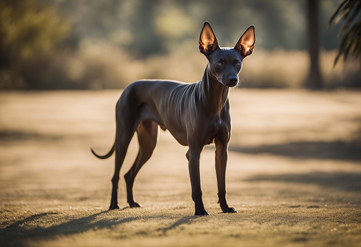 A Xoloitzcuintli stands tall, its sleek, hairless body glistening in
the sunlight. Its distinctive bat-like ears and elegant, slender frame
make it a striking and unusual
breed