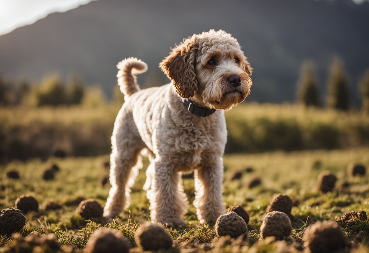 A Lagotto Romagnolo dog with a curly coat stands in a field of
truffles, its nose eagerly sniffing the ground. Other unique dog breeds
play in the
background