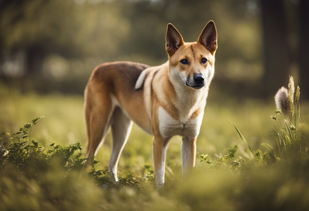 A New Guinea Singing Dog stands amidst a diverse group of unusual dog
breeds, showcasing its unique appearance and
characteristics