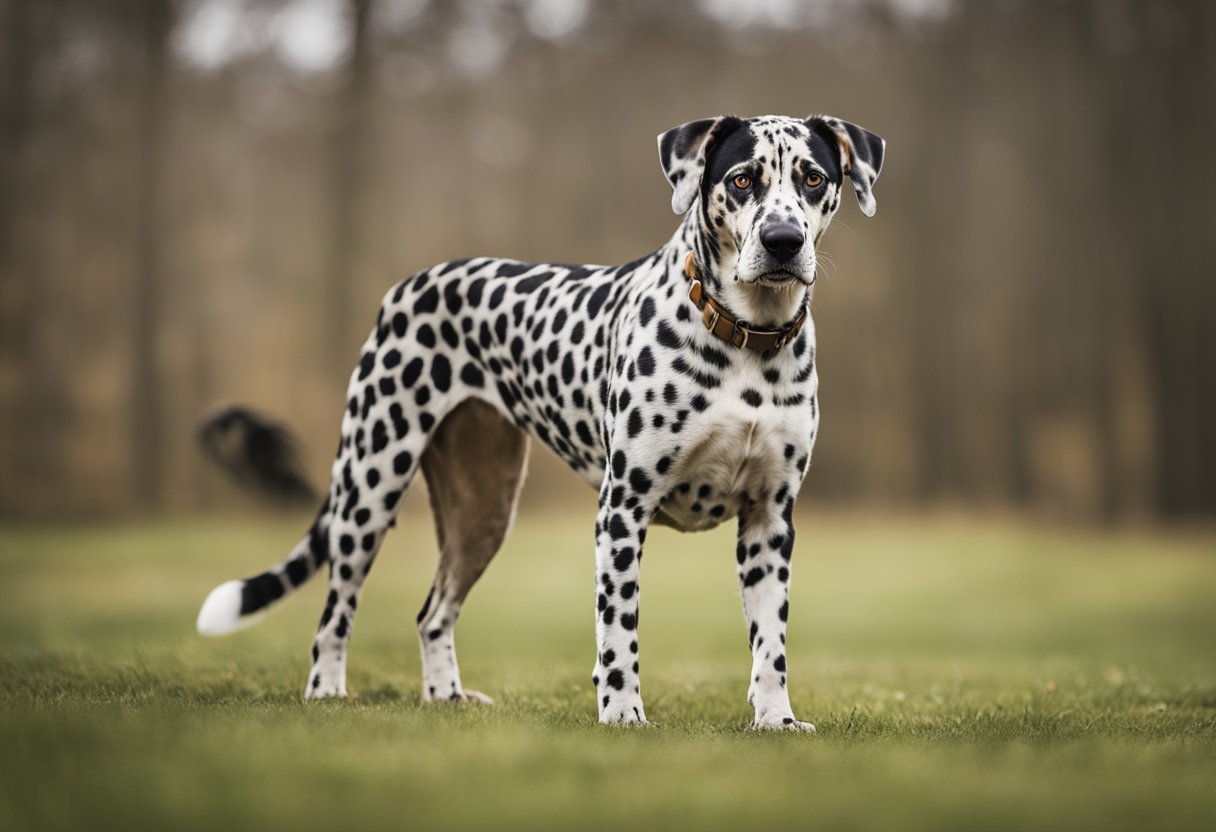 A Catahoula Leopard Dog stands proudly, showcasing its unique spotted
coat and striking eyes, exuding strength and
intelligence