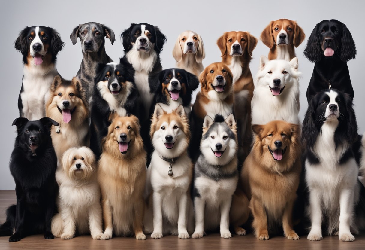 A group of 10 unusual dog breeds gathered in a diverse setting,
showcasing their unique physical features and
personalities