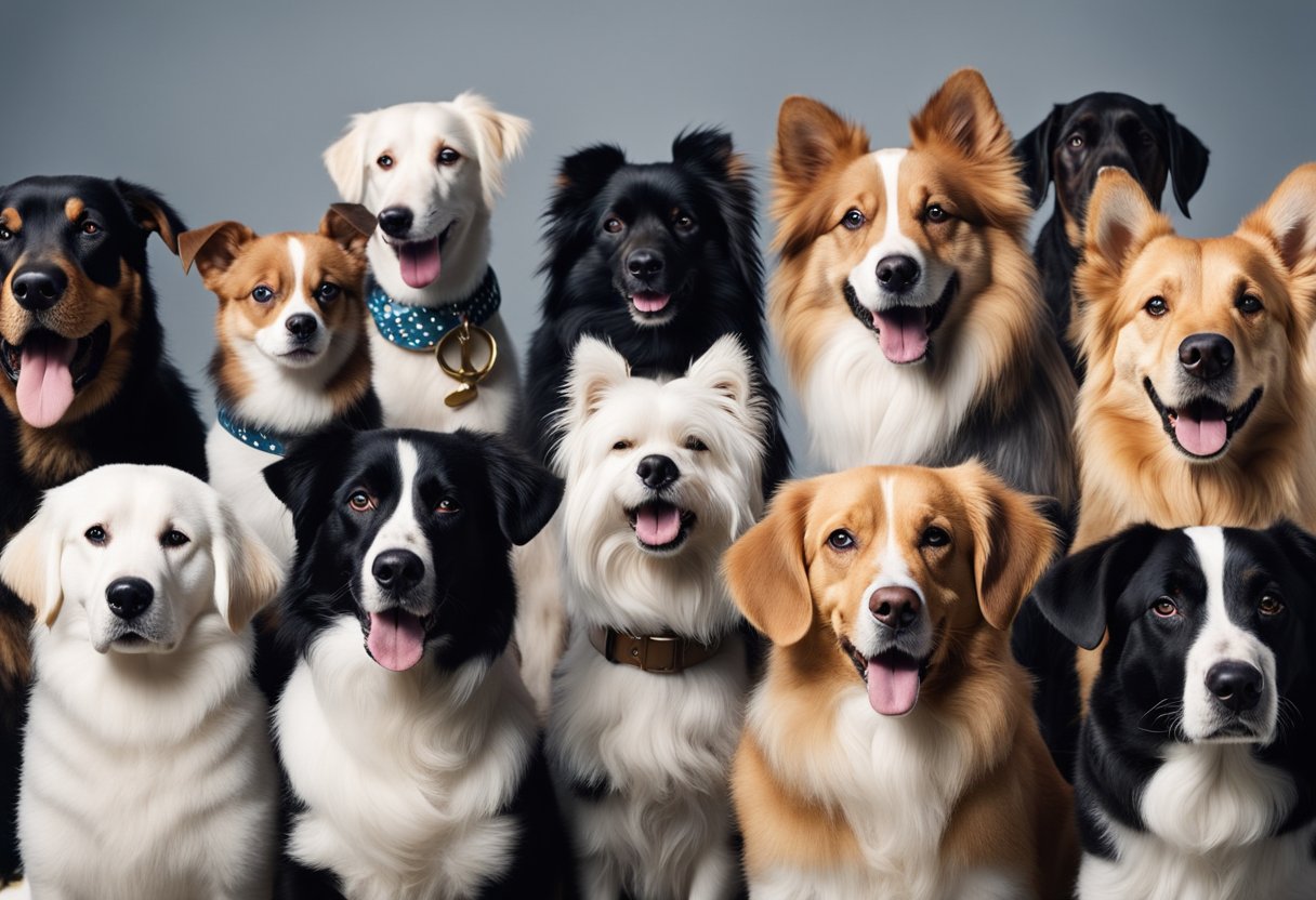 A group of 10 unique dog breeds gathered in a circle, each with
distinct features and sizes, surrounded by question marks and a
“Frequently Asked Questions”
banner