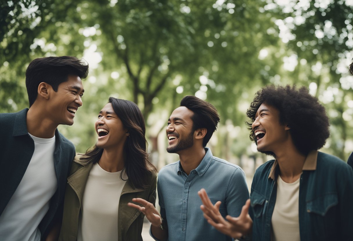 A group of people from different countries trying to communicate, but
getting confused and laughing at the
misunderstandings