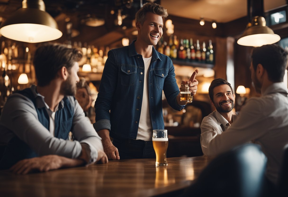 A person gesturing for a bed in a German pub, surrounded by confused
patrons and a bartender holding a
beer