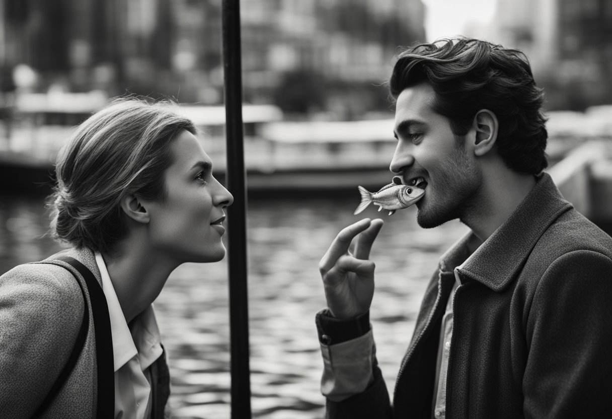 A person pointing to a fish while another person leans in for a kiss,
both with confused
expressions