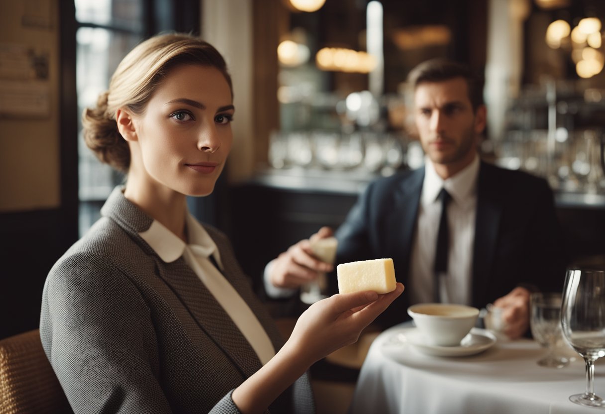 A customer at a French restaurant holds up a bar of soap, confused by
the waiter’s request for “soap” instead of
“soup.”