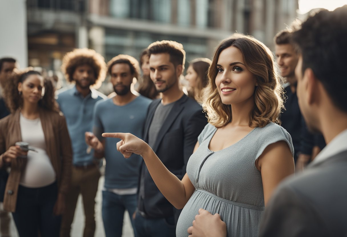 A person pointing at a pregnant woman, while others around them look
confused and
embarrassed