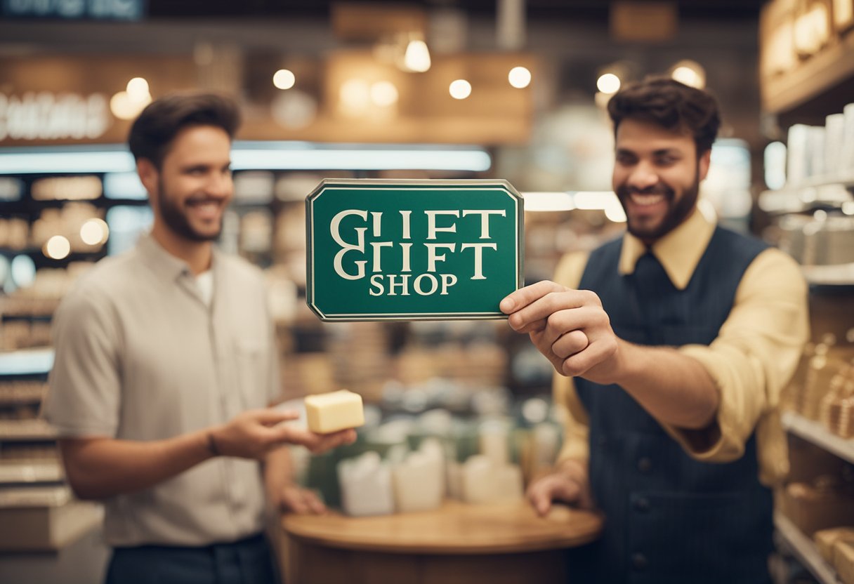 A person pointing to a “gift shop” sign, while another person hands
them a “gift soap.” Laughter and confusion
ensue