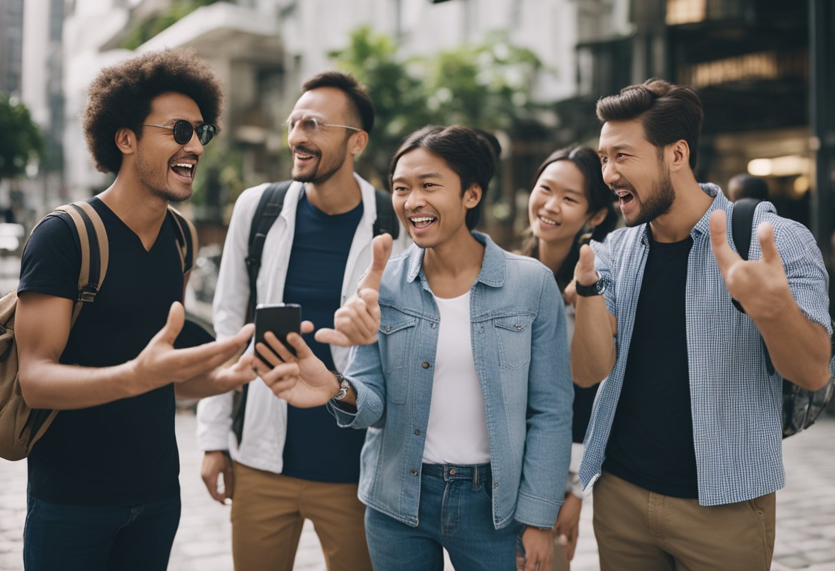 A group of people from different countries trying to communicate, but
getting confused and making funny mistakes due to language
barriers