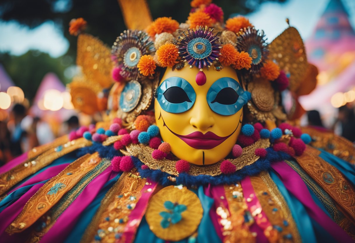 A diverse array of festival symbols and decorations from around the
world, including unique costumes, traditional food, and iconic cultural
artifacts, are displayed in a vibrant and colorful
setting