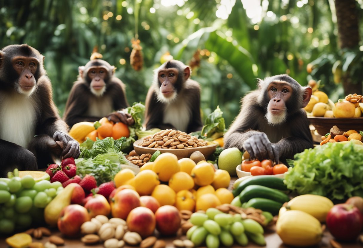 A festive scene with a large buffet table filled with fruits,
vegetables, and nuts. Monkeys are gathered around, enjoying the feast in
a lush, tropical
setting