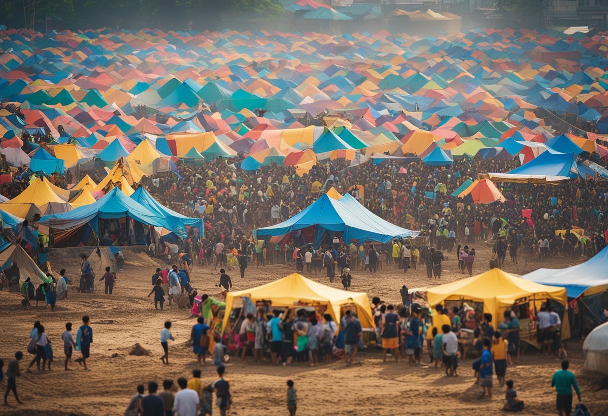 Crowds play in the mud at Boryeong Mud Festival. Colorful tents line
the beach, with people laughing and enjoying the
festivities