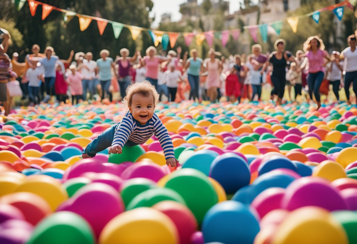 A group of colorful, festive participants leaping over rows of babies
laid out on the ground during the El Colacho Baby Jumping
Festival