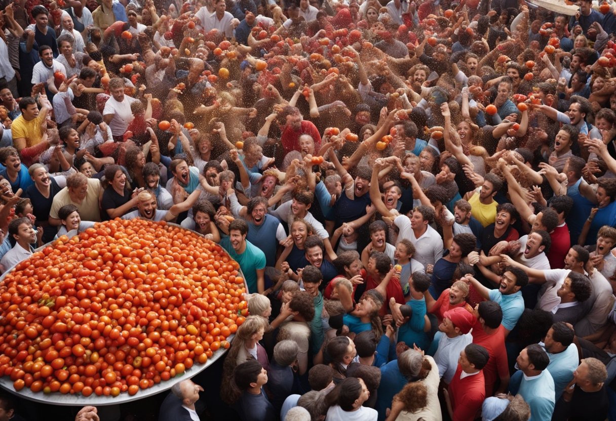 A large crowd gathers in a town square, throwing ripe tomatoes at each
other in a chaotic and colorful food fight. The ground is covered in
squashed tomatoes and people are laughing and shouting in
excitement